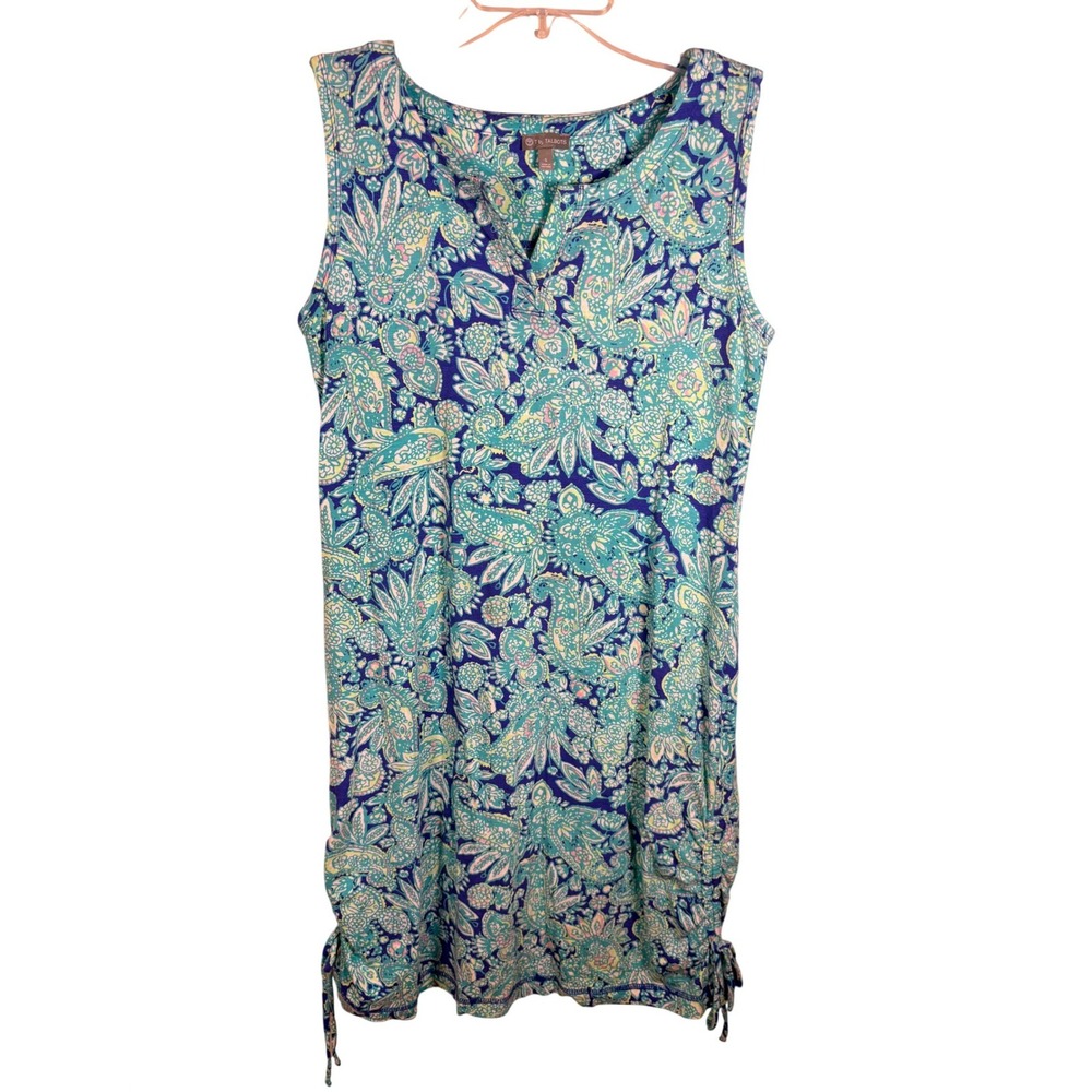 T by Talbots Paisley Shift Dress Womens Small Blue Sleeveless Split Neck Ruched